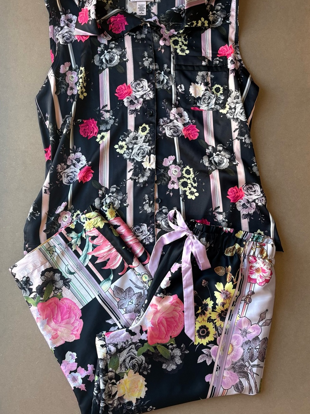 Victoria’s Secret Black & Pink Floral Button-Down Sleep Set — Size M